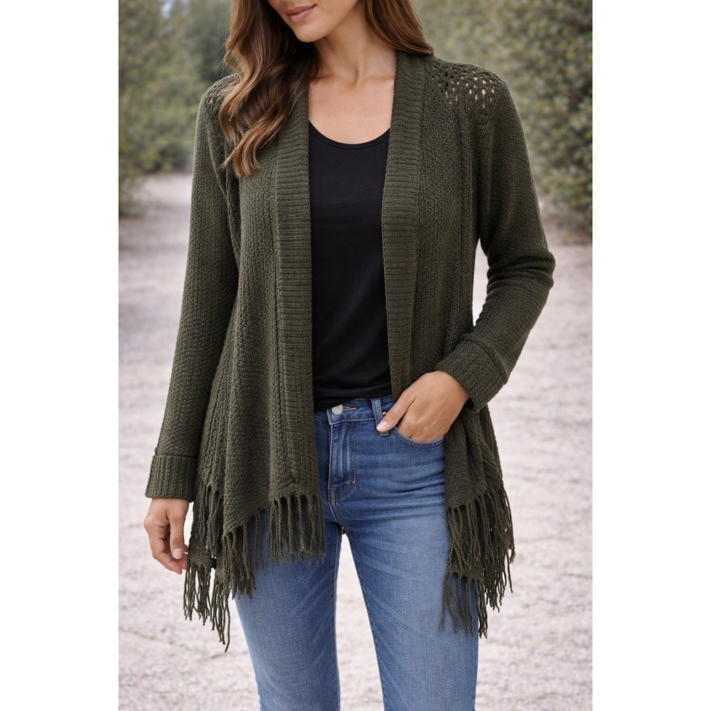 Dark Hunter Green Knit Open Front Cardigan with Fringe and Elbow Patches *Women